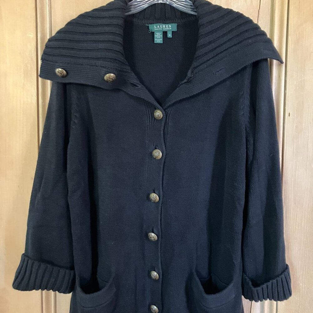 Lauren Ralph Lauren Womens Brass Button Collar Cardigan Sweater 1X Black FA EXC